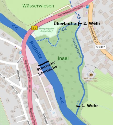 Karte der Rednitzinsel mit Wässerkanal